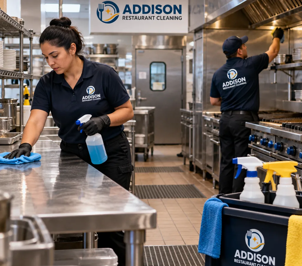 Professional cleaners working on a commercial restaurant kitchen line and stainless prep tables after close