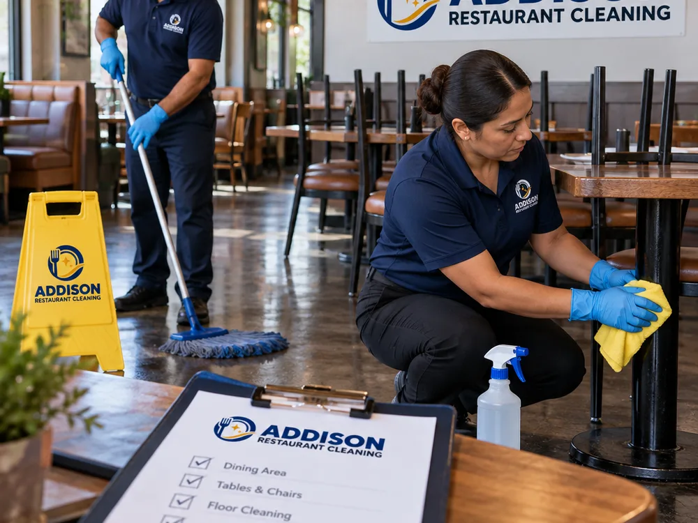 Cleaner mopping a restaurant dining room with safety signage and a manager checklist nearby