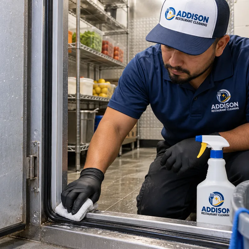 Walk-in cooler threshold and gasket being hand-detailed with shelves and floor visible