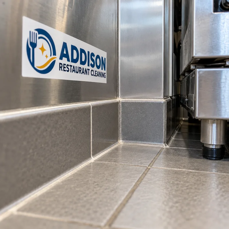 Cleaned floor-wall cove base and corner behind a cook line with restored grout lines