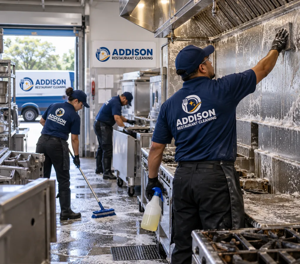 Commercial kitchen crew in PPE deep-cleaning a restaurant line in Addison with equipment pulled out and floors being scrubbed