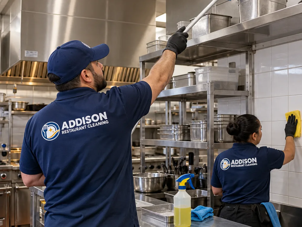 Technician high dusting stainless shelving and ceiling vents while another technician cleans commercial kitchen wall tile