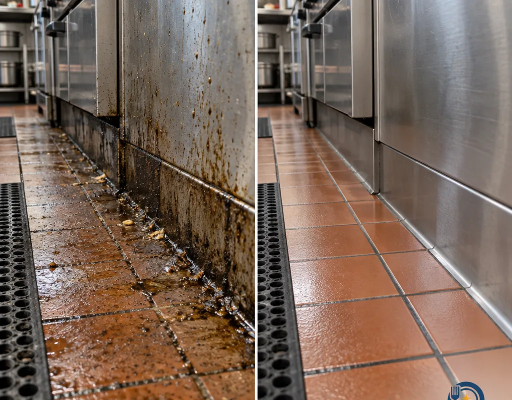Before-and-after view of a degreased commercial kitchen floor edge and baseboard