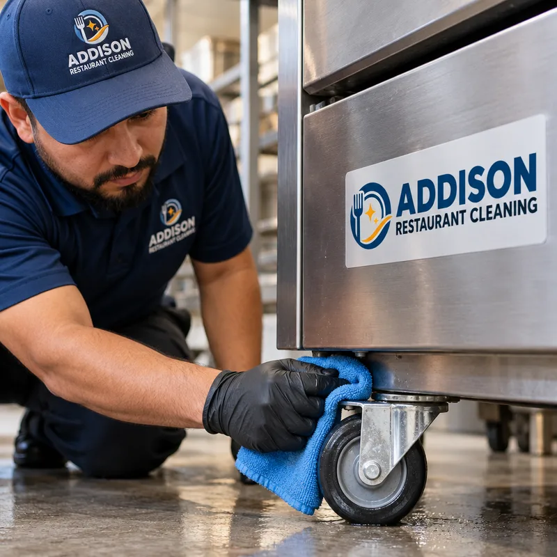 Cleaned equipment side panel, caster, and under-lip ledge in a commercial kitchen