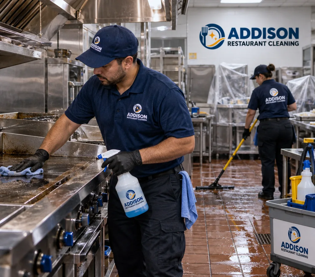 Technician cleaning a stainless commercial cookline and surrounding tile floor after hours