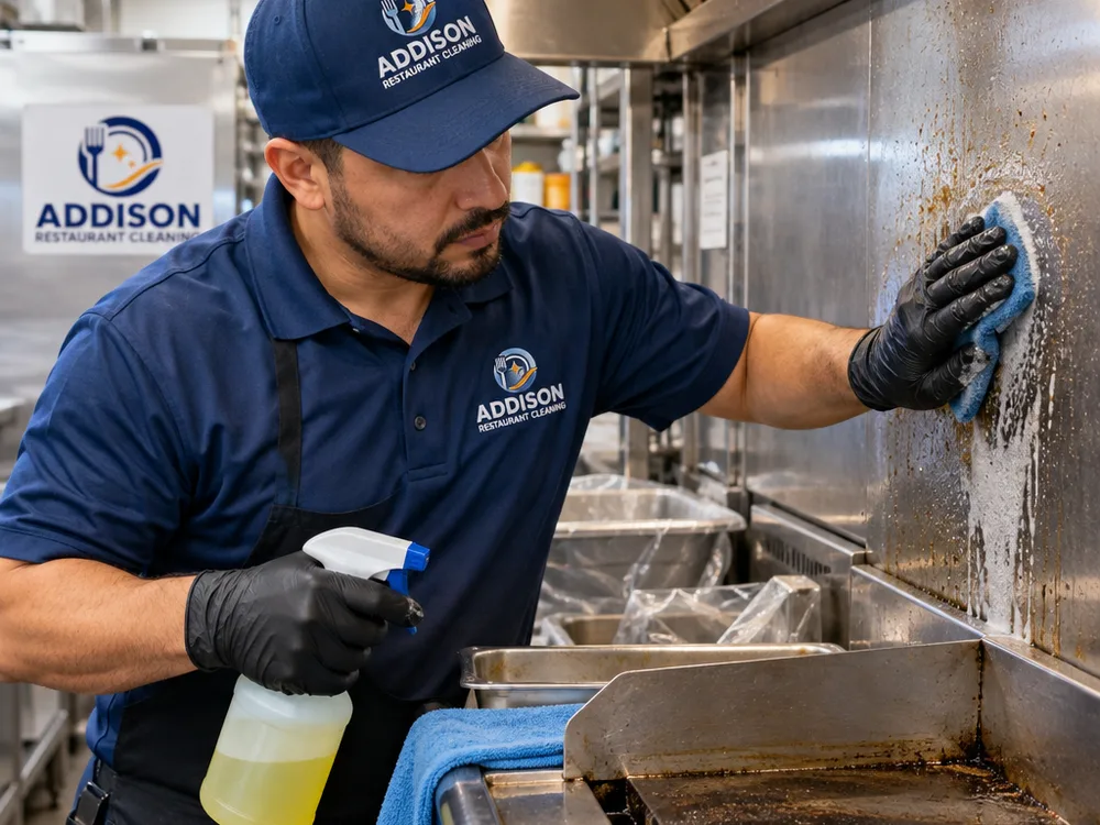 Technician removing grease from a stainless backsplash and equipment side panels