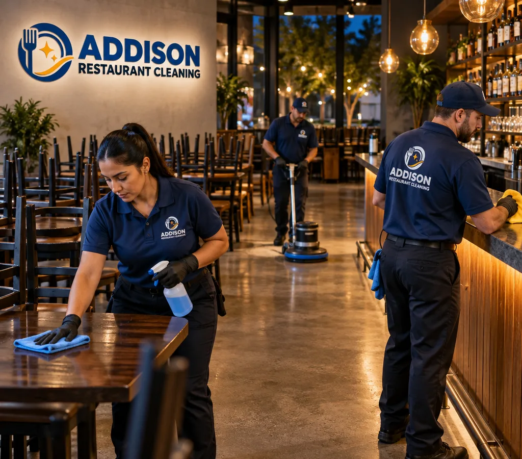 After-hours restaurant dining room in Addison being cleaned with chairs raised, tables wiped, floors detailed, and bar front polished