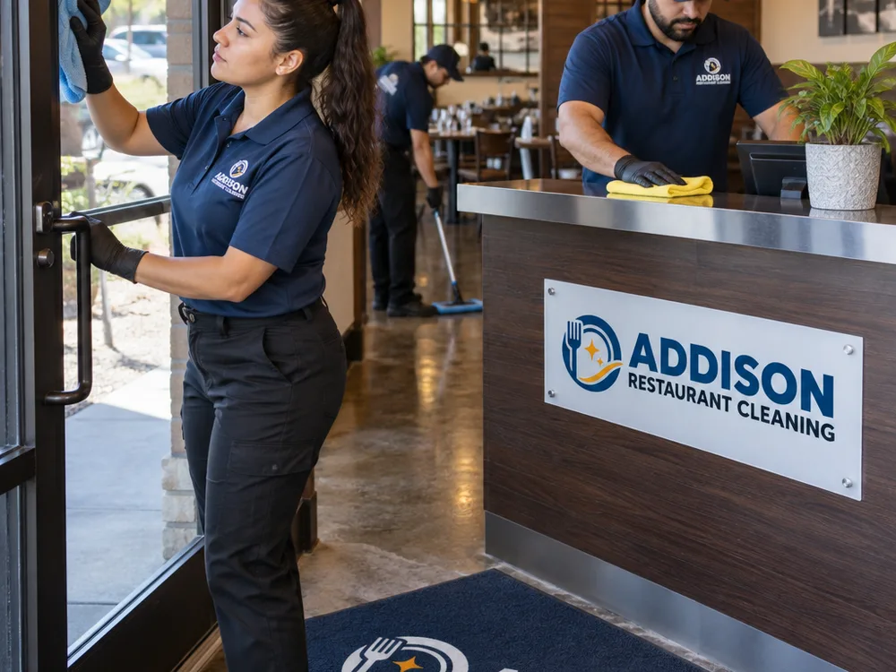 Technician cleaning restaurant entry glass and polishing a host counter while detailing nearby floor edges