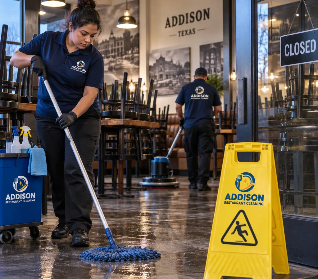 After-hours janitorial crew cleaning an empty restaurant dining room with chairs up, wet-floor signs, and closed signage