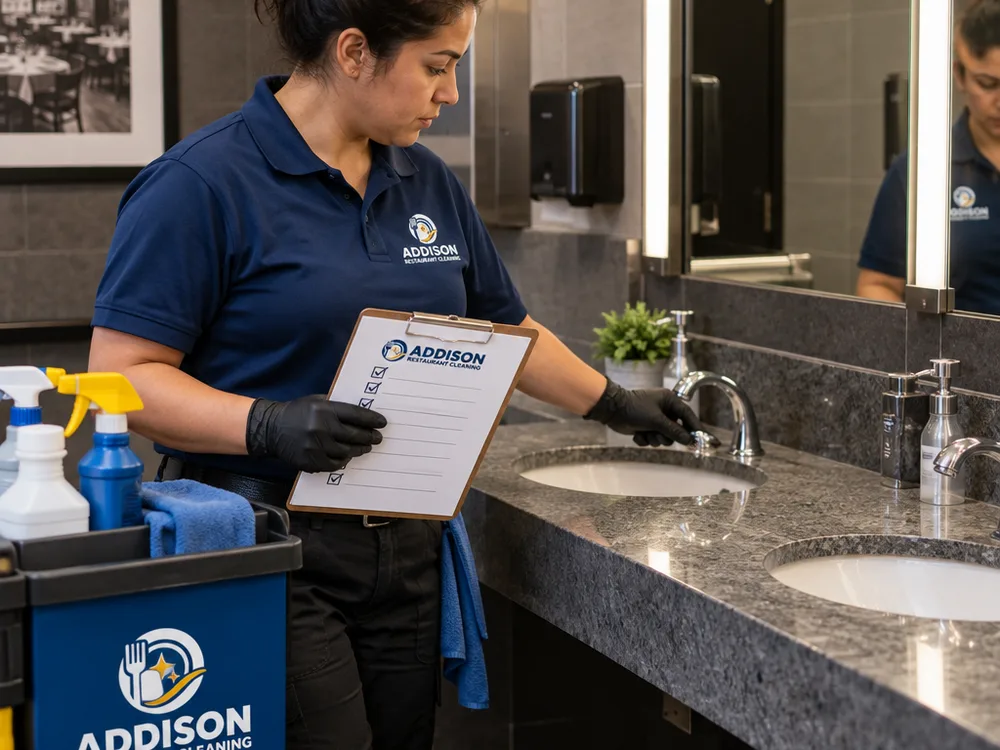 Cleaner checking a restaurant night-cleaning checklist while inspecting restroom sinks and mirrors after hours