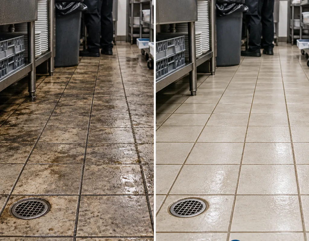 Before and after view of a restaurant dish-area tile floor showing clearer grout lines