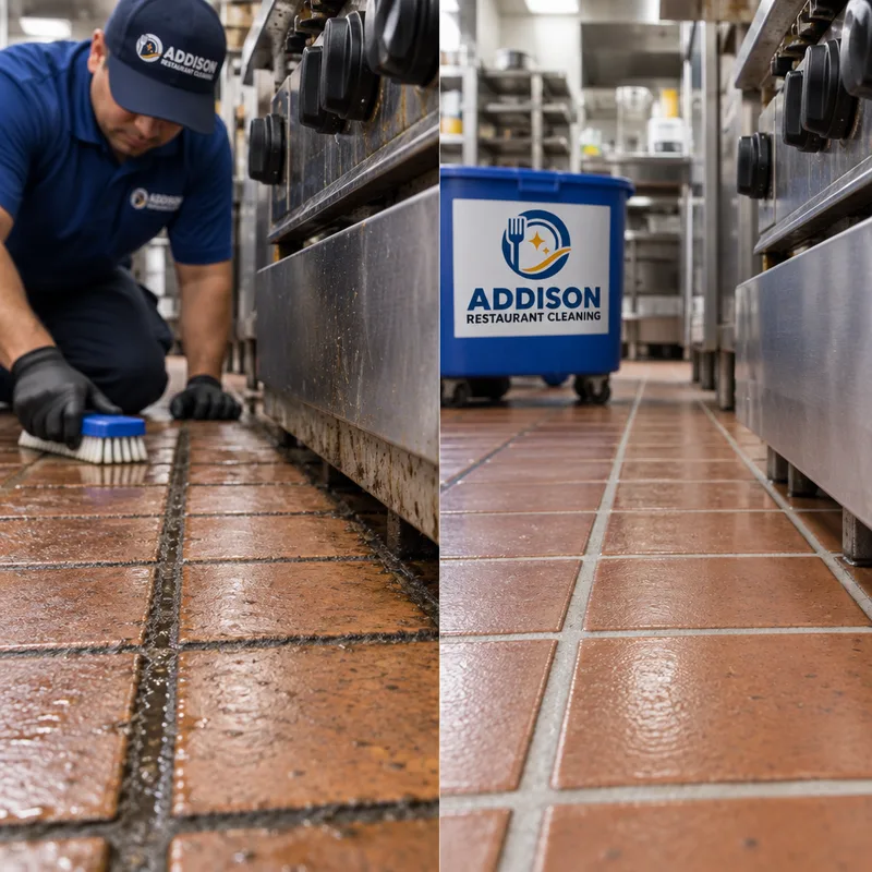 Cleaned grout lines beside a restaurant cook line with reduced dark buildup