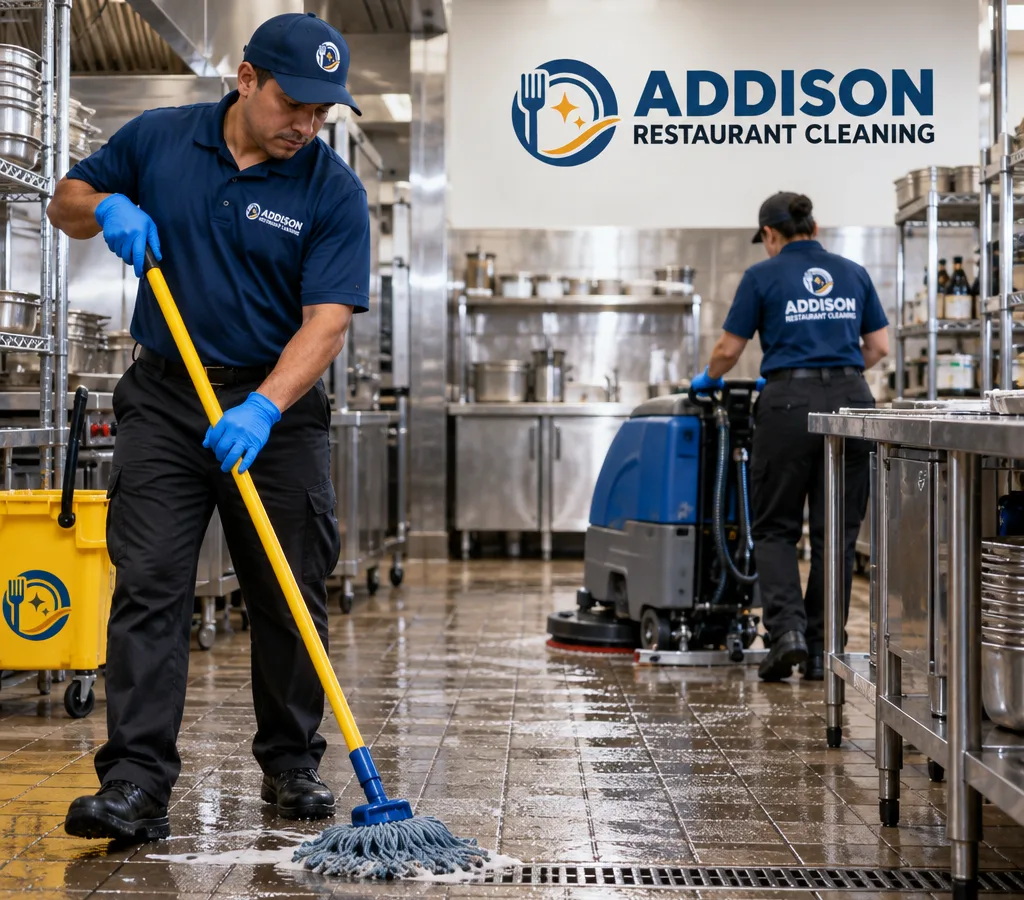 Commercial kitchen employee mopping wet tile while a technician uses a floor scrubber near stainless prep equipment