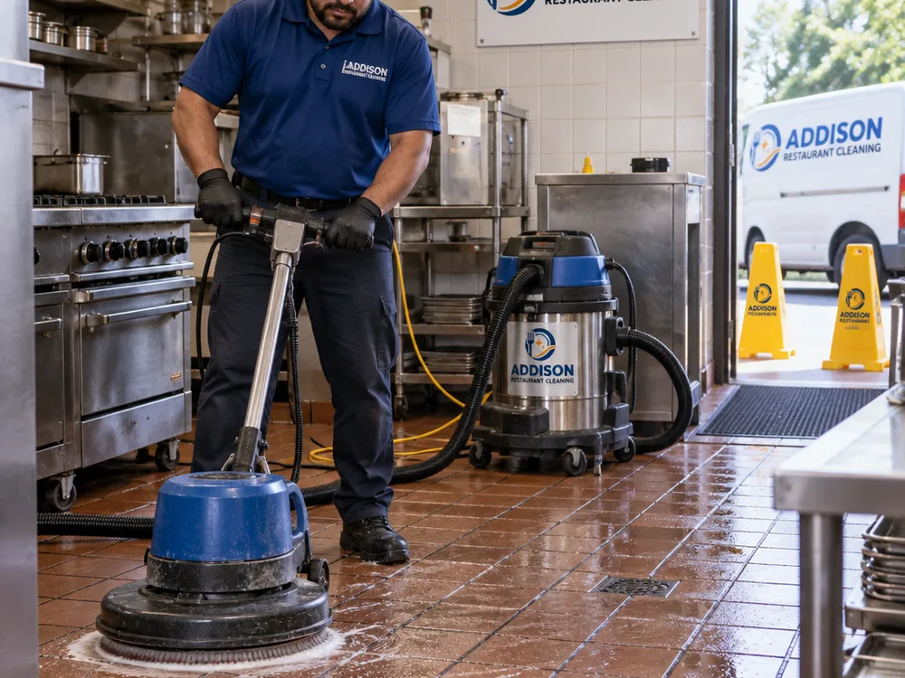 Technician using a rotary scrubber on quarry tile with an extractor and safety controls nearby