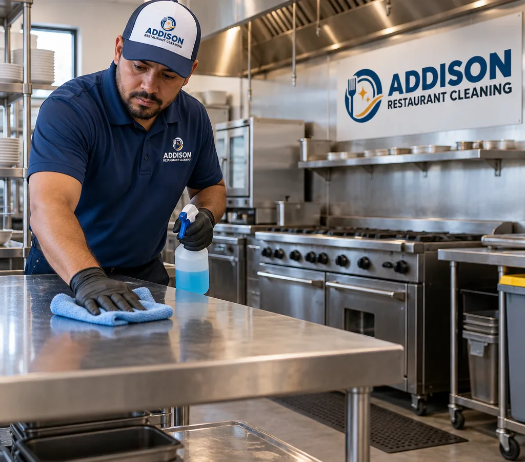 Commercial kitchen crew member cleaning a stainless prep table with a clean cook line and hood area behind them