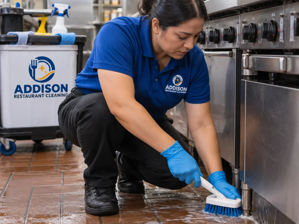 Cleaner detailing commercial kitchen floor edges and corners near a cook line