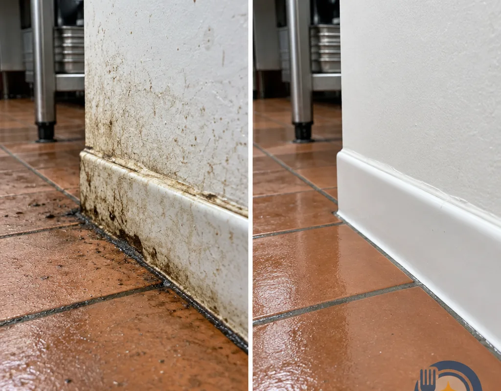 Before-and-after view of restroom tile, grout, and baseboard edges after professional scrubbing