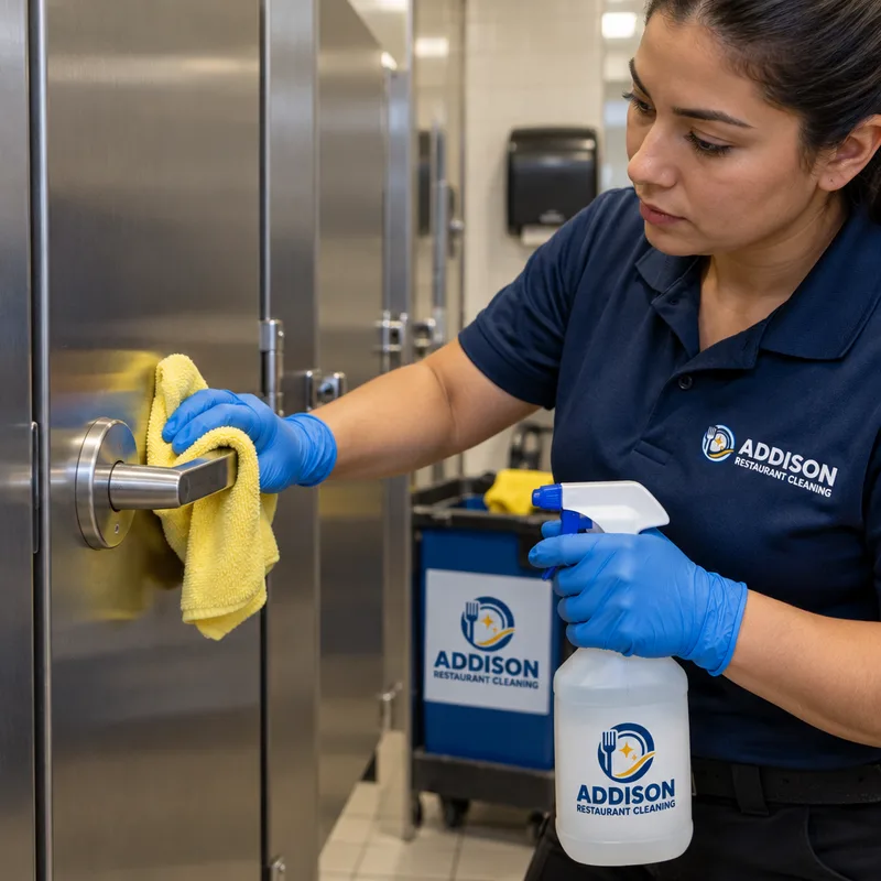 Freshly cleaned stall hardware and door handle with disinfected high-touch surfaces and clean partitions