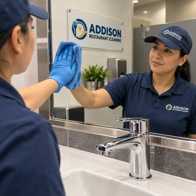 Clean streak-free commercial restroom mirror and polished faucet with no water spotting