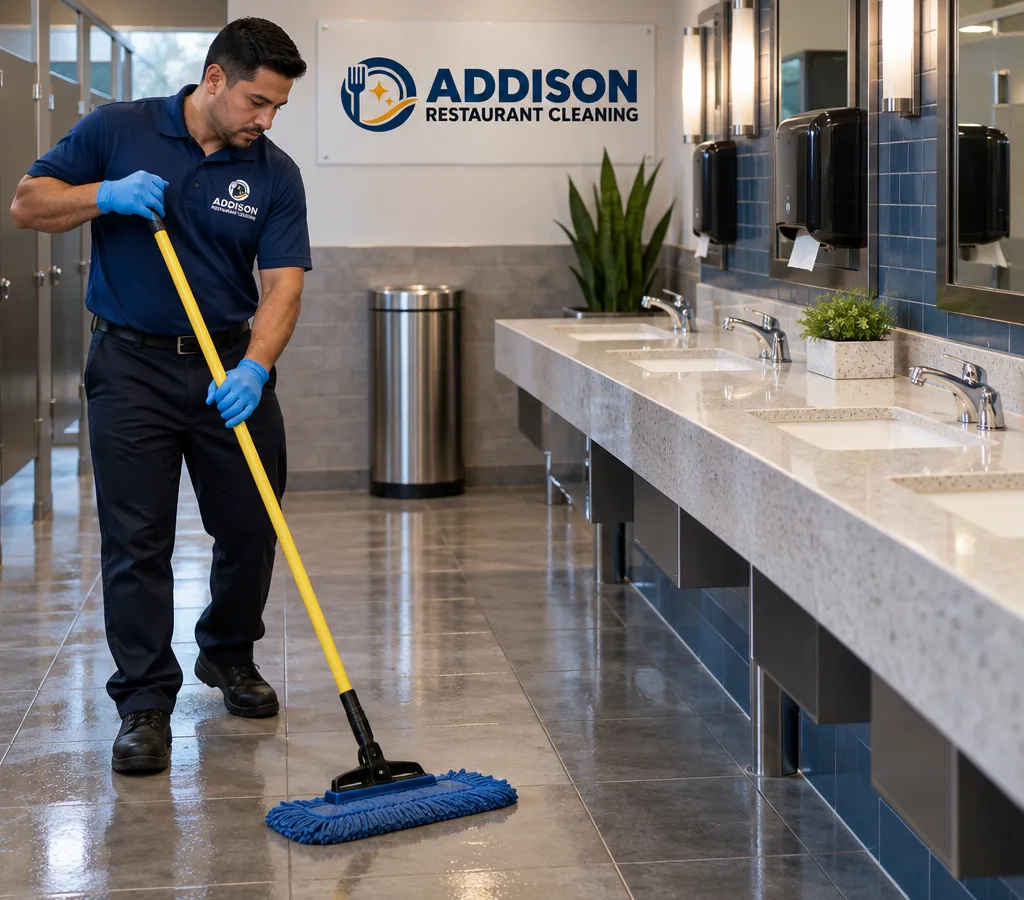 Spotless commercial restaurant restroom with clean sinks, mirrors, stocked dispensers, and freshly mopped floors