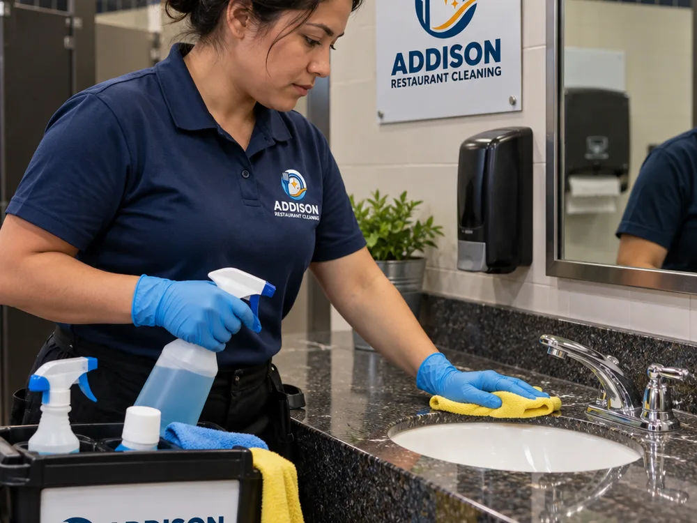Cleaner wearing gloves and using professional tools to detail a commercial restroom sink and counter