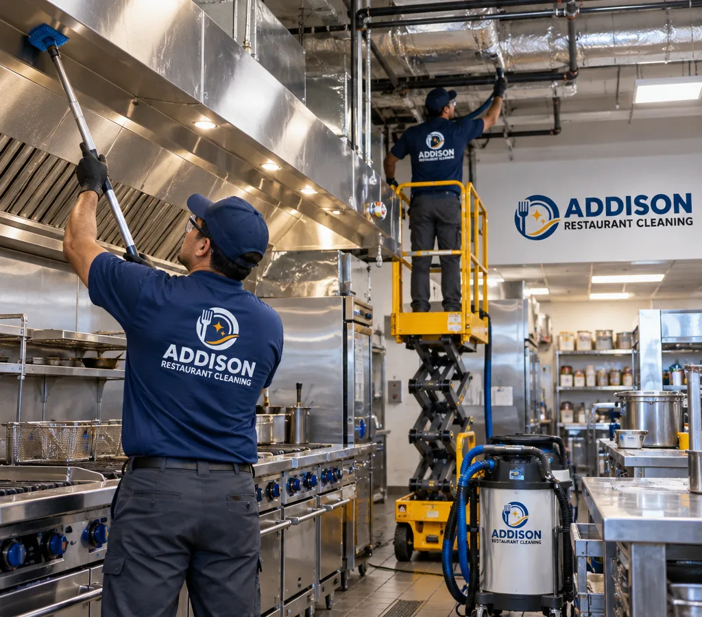 Technicians high dusting ceiling areas, duct exteriors, and overhead piping above a commercial cook line in Plano