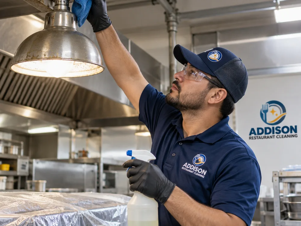 Technician removing grease-laden dust from overhead conduit and a light fixture while prep surfaces are protected below