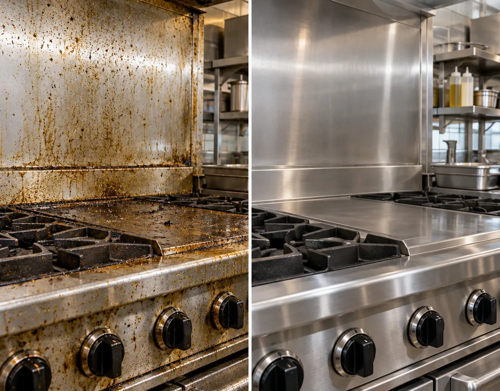 Before and after view of a commercial range front, knobs, and stainless backsplash
