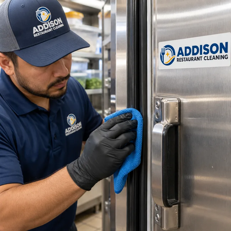 Cleaned door gasket and handle area on a reach-in cooler exterior