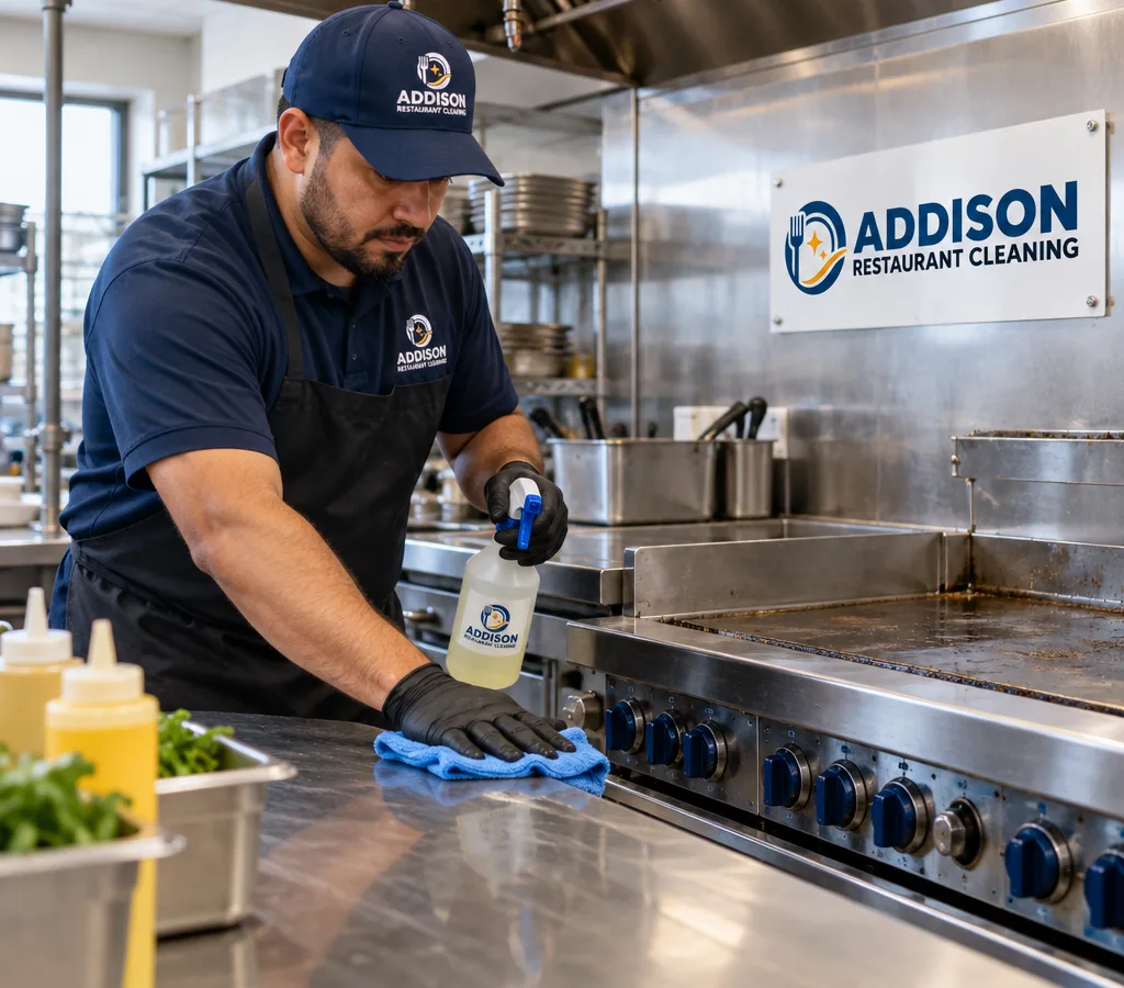 Technician cleaning a commercial stainless prep line and range area with food-safe tools and labeled spray bottles