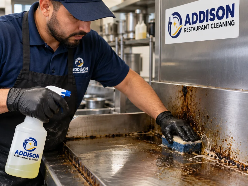 Technician hand-scrubbing heavy grease buildup from a commercial flat top edge and stainless backsplash