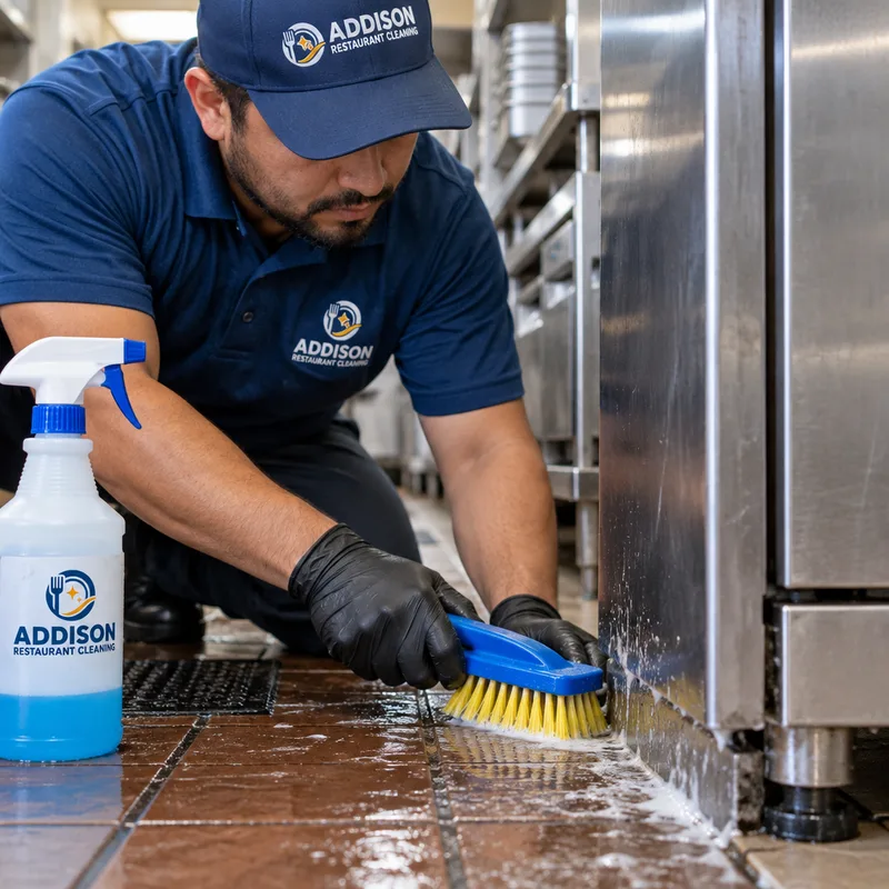 Cleaner detailing a commercial kitchen floor edge and stainless equipment base with a scrub brush and degreaser