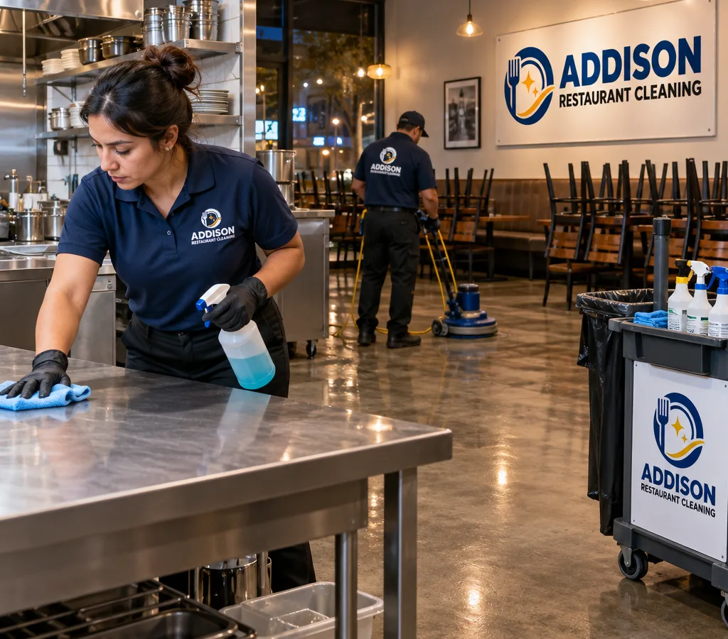 After-hours cleaner wiping stainless prep tables while a restaurant dining area is reset and floors are detailed