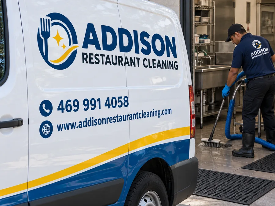 Technician hand-detailing a commercial kitchen floor drain with an extractor hose nearby