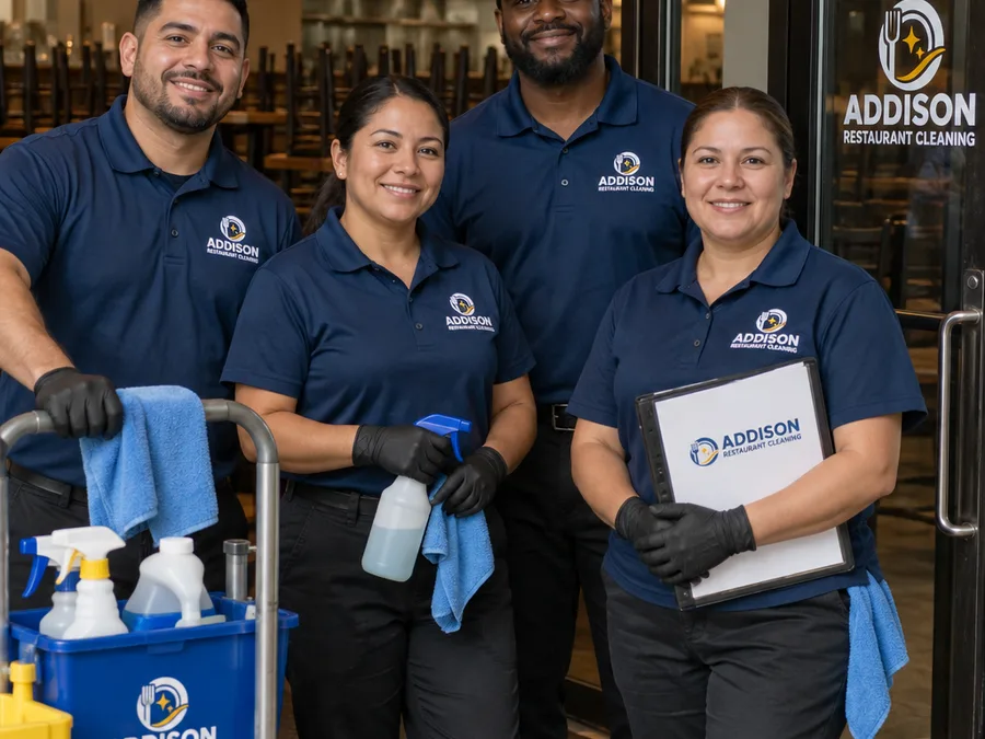Uniformed restaurant cleaning team with labeled supplies and a checklist binder