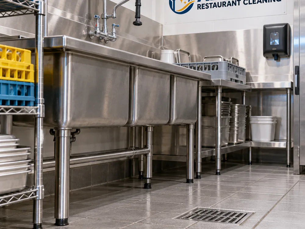 Commercial kitchen dish area after detailed cleaning with sink legs, splash zone, and floor drain area cleaned and dried